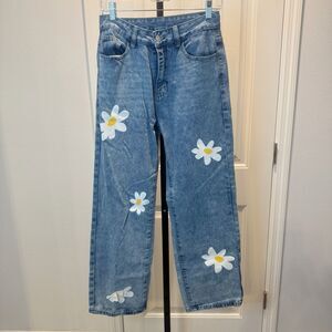 Shein denim Jeans Floral Daisey Straight Leg High Rise Teen Size 28